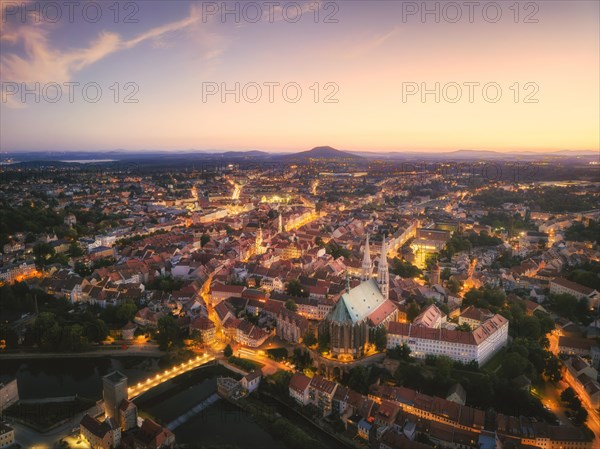 Aerial view of the old town of Goerlitz in the evening in Upper Lusatia, Goerlitz, Saxony, Germany,
