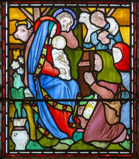 Nativity scene with blessed Virgin Mary and baby Jesus and shepherds, nineteenth century stained
