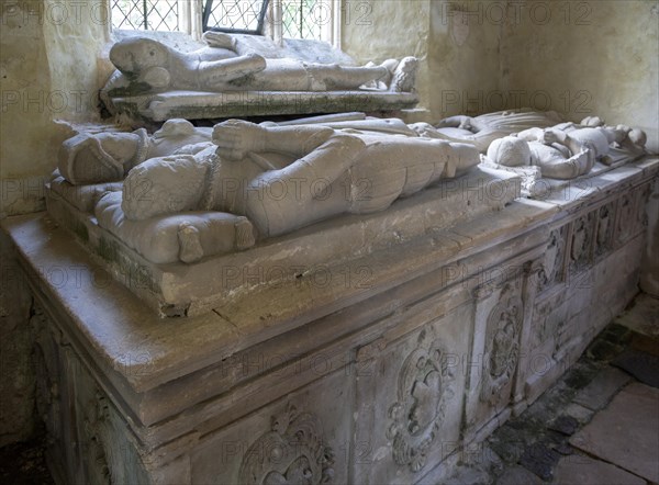 Medieval effigies Nunney church, Somerset, nearest Richard Prater d 1577 and wife, by window Sir