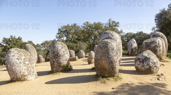 Neolothic stone circle of granite boulders, Cromeleque dos Almendres, Evora district, Alentejo,