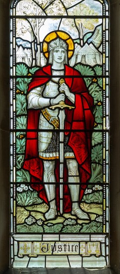 Church of All Saints, Great Glemham, Suffolk, England, UK stained glass window Justice by Powell &