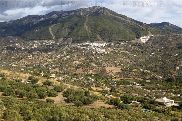 Landscape view to Alcaucin village and Maroma mountain, Sierra de Tejeda, Axarquia, Andalusia,