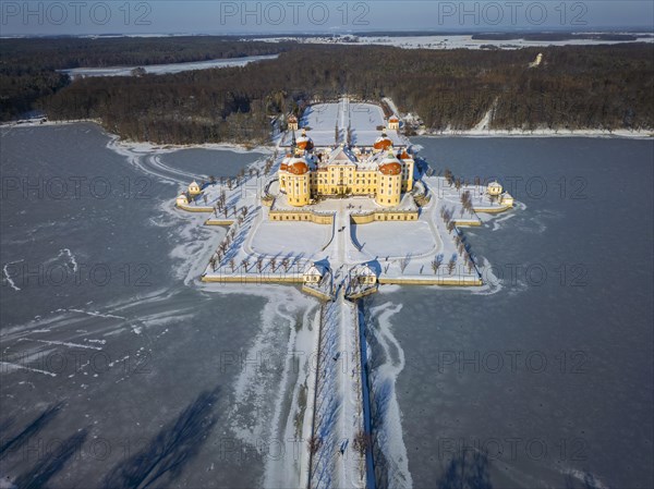Moritzburg Castle on the castle island surrounded by the frozen castle pond, Moritzburg, Saxony,