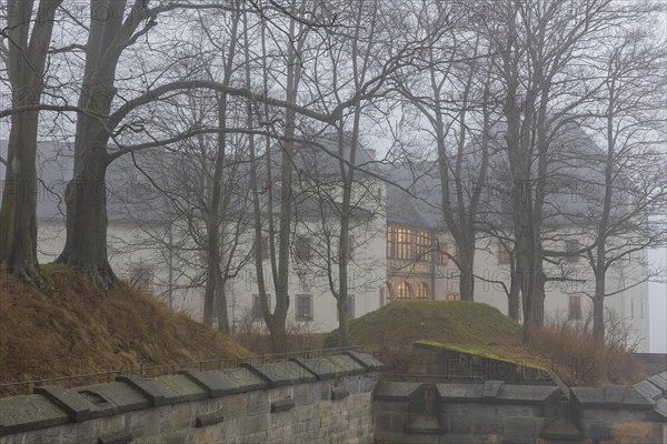Winter atmosphere at the mountain fortress. Georgenburg Castle, Koenigstein, Saxony, Germany,