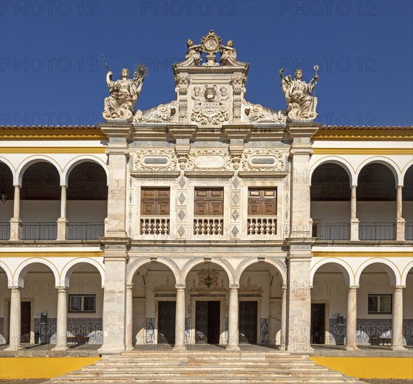 Facade of old chapel Colegio do Espirito Santo, historic courtyard of Evora University, Evora, Alto