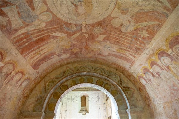 Medieval frescoes church of Saint Mary, Kempley, Gloucestershire, England, UK, Christ in Majesty