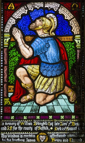 Stained glass window Bedingfield church, Suffolk, England, UK Good Centurion c 1872 poss William