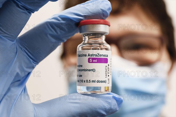 Vaccine vials with the Covid19 vaccine Astra Zenica in a vaccination centre, Schoenefeld, 26.02