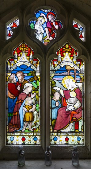 Stained glass window Washbrook church, Suffolk, England, UK c 1870 by Ward and Hughes, Suffer the