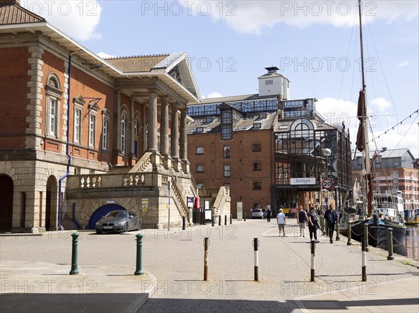 Historic and modern buildings waterfront at the Wet Dock, Ipswich, Suffolk, England, UK, left is