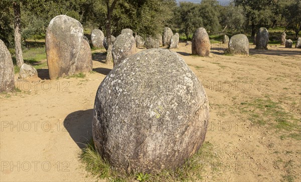 Neolothic stone circle of granite boulders, Cromeleque dos Almendres, Evora district, Alentejo,