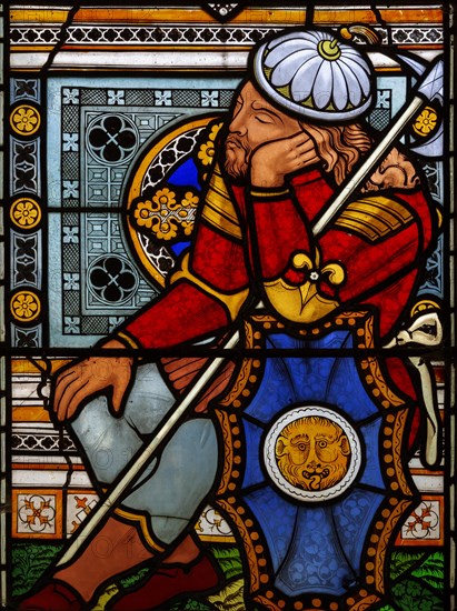 Victorian 19th century stained glass window, Lawshall church, Suffolk, England, UK by Horwood Bros,
