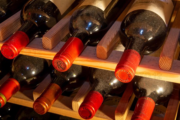 Wine cellar with red wine bottles (editorial)