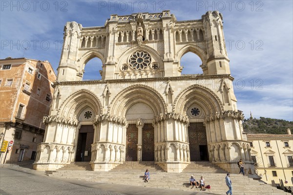 Frontage of cathedral church building, Cuenca, Castille La Mancha, Spain, Gothic architecture,