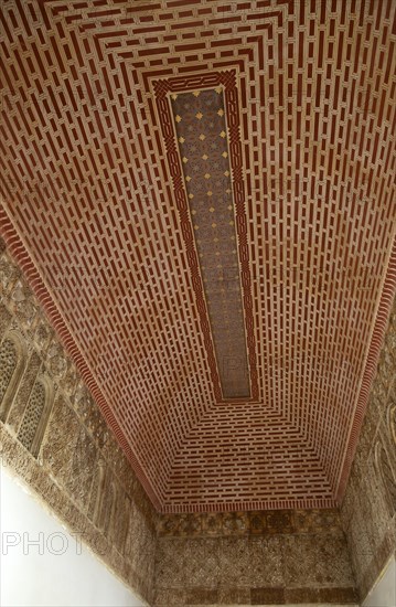 Islamic design architectural detail inside the Moorish palace of the Alcazaba, Malaga, Andalusia,
