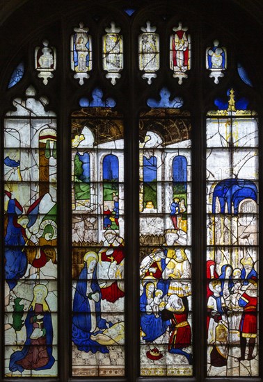 Sixteenth century stained glass windows inside church of Saint Mary, Fairford, Gloucestershire,