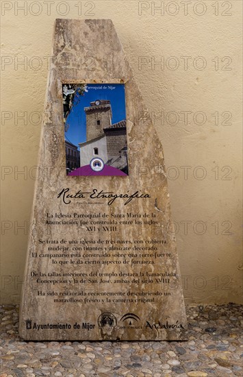 Information notice about parish church on Ruta Etnografica walking route around town, Nijar,