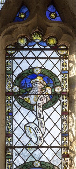 Stained glass window of Prophet Micah in church of Saint Margaret, South Elmham, Suffolk, England,