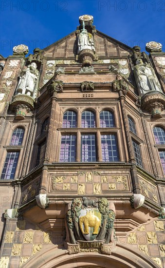 Decorated facade Council House building opened 1917, Tudor style 20th century architecture,