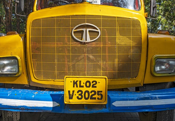 A detailed view of the front hood of colorful old Tata truck, Fort Kochi, Cochin, Kerala, India,