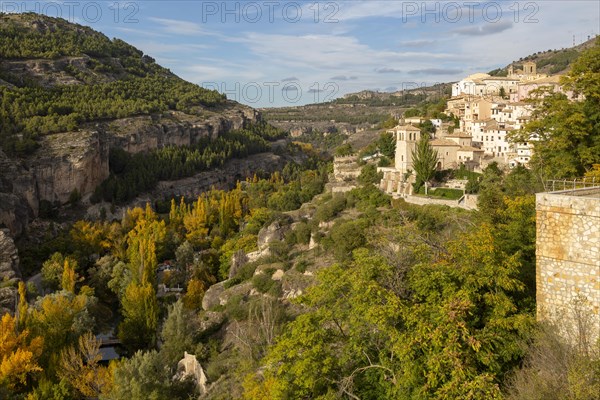 Landscape scenery of river Rio Jucar gorge with historic buildings, Cuenca, Castille La Mancha,