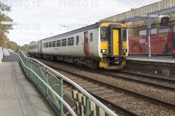 Railway station, Saxmundham, Suffolk, England, UK British Rail Class 156 Super Sprinter diesel