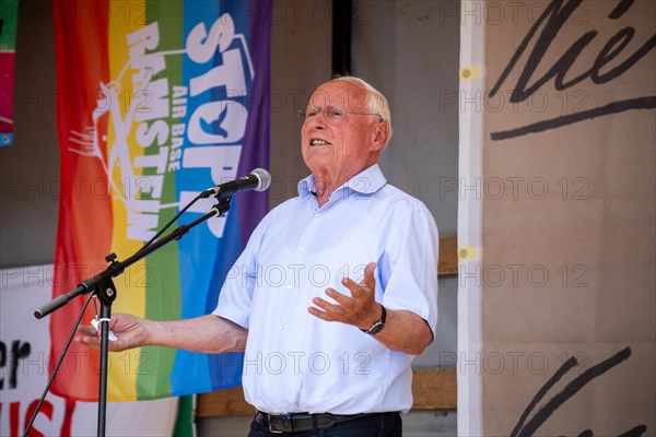 Oskar Lafontaine speaks at the peace demonstration in front of Ramstein Air Base against war and
