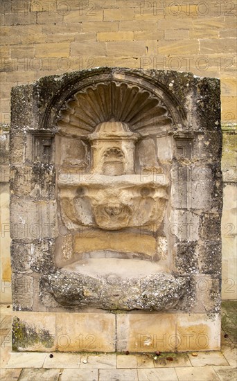 Historic carved stonework of water fountain in village of Laguardia, Alava, Basque Country,