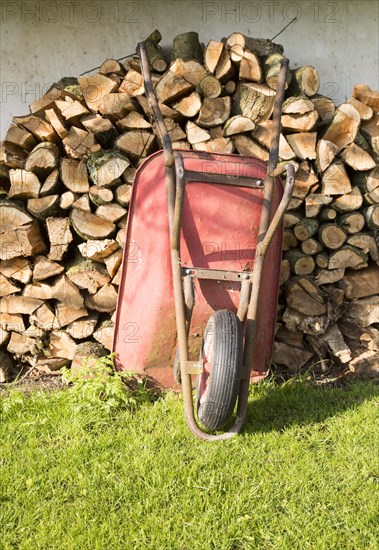 Old red metal wheelbarrow leaning against pile wood logs in garden, Cherhill, Wiltshire, England,