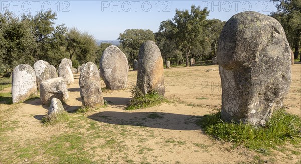 Neolothic stone circle of granite boulders, Cromeleque dos Almendres, Evora district, Alentejo,