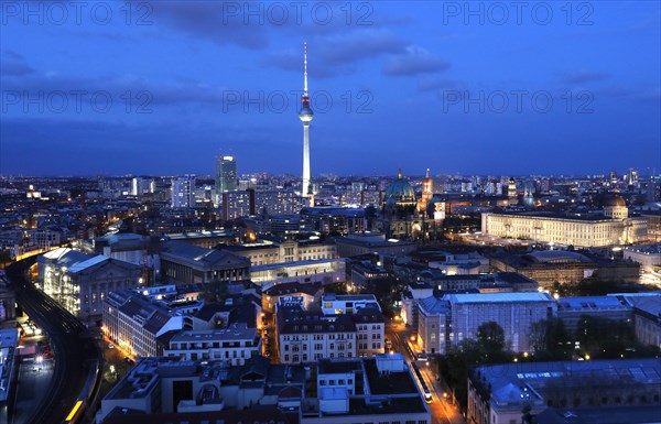 Berlin Mitte in the evening with the television tower at Alexanderplatz, Museum Island, the Red