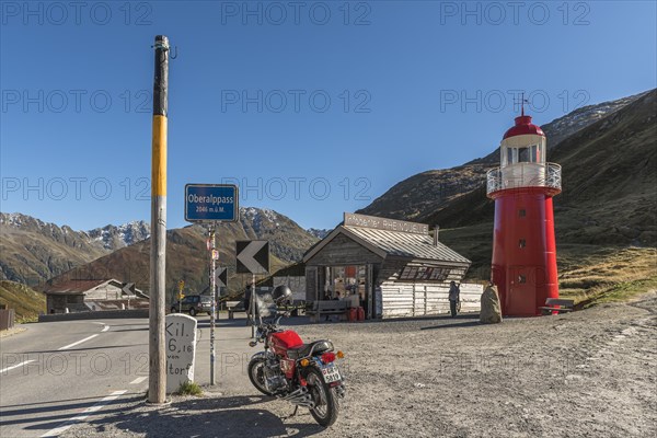 Oberalp Pass, lighthouse and Rhine spring information centre at the top of the pass, canton of