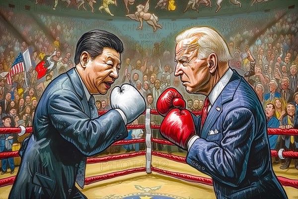Two political leaders, Xi Jinping and Joe Biden, in a caricatured boxing match with a tense