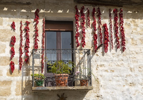 Strings of red peppers chilies drying outside house, village of Elceigo, Alava, Basque Country,