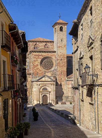 View from Calle Mayor of cathedral church, Catedral de Santa Maria de Sigueenza, Siguenza,