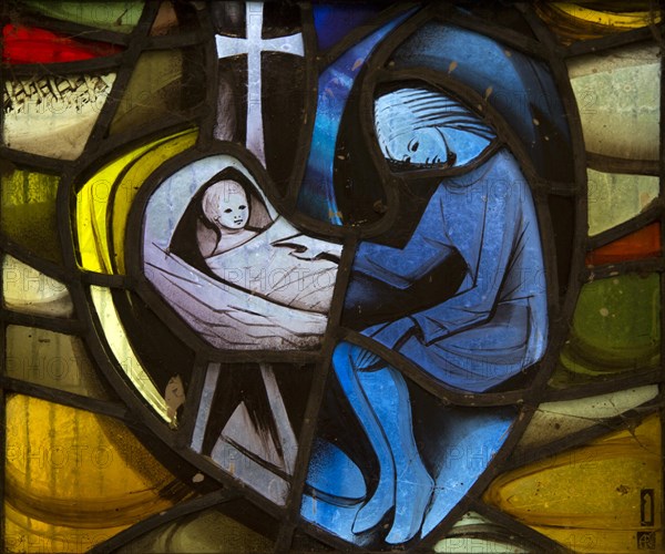 Little Glemham church, Suffolk, England, UK stained glass window detail Four Ages of Man by Alfred
