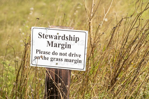 Sign for stewardship margin conservation strip of land in arable field, Inkpen Hill, Berkshire,