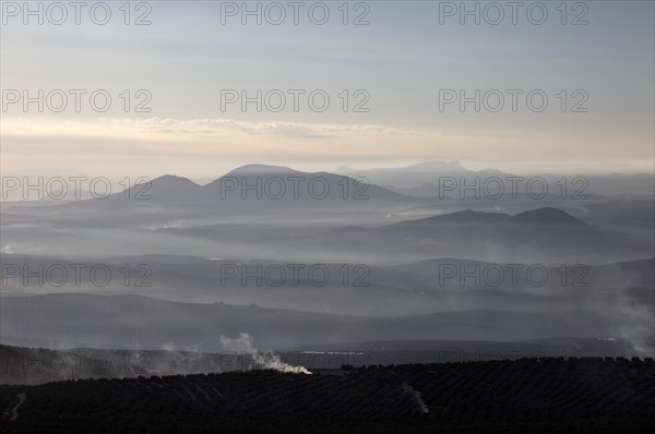 Misty morning view south over Rio Guadalquivir valley from Baeza, Jaen province, Andalusia, Spain,
