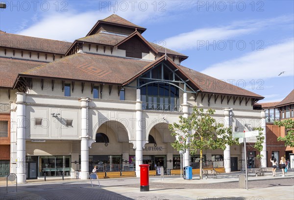 Pagoda style modern architecture part of the Buttermarket shopping centre in town centre, Ipswich,