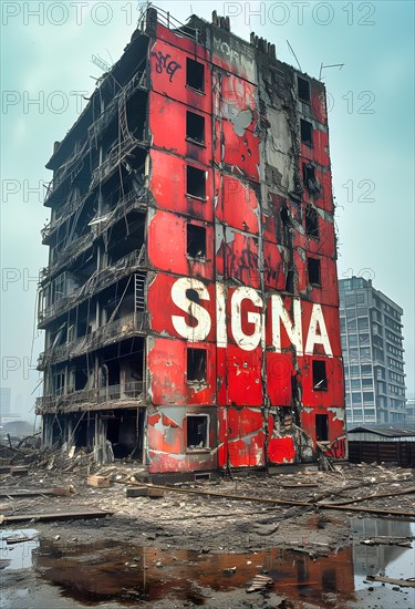 Symbolic image for the collapse of Rene Benko's SIGNA Group, a red tower block with the company