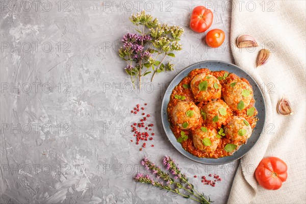 Pork meatballs with tomato sauce, oregano leaves, spices and herbs on blue ceramic plate on a gray