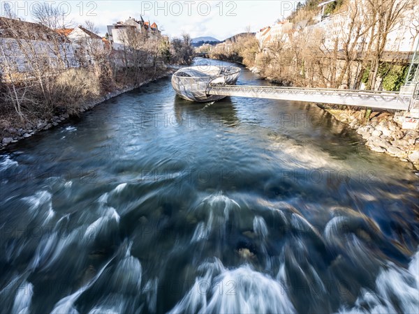 Futuristic Mur Island in the River Mur, artificial island in the river, Graz, Styria, Austria,