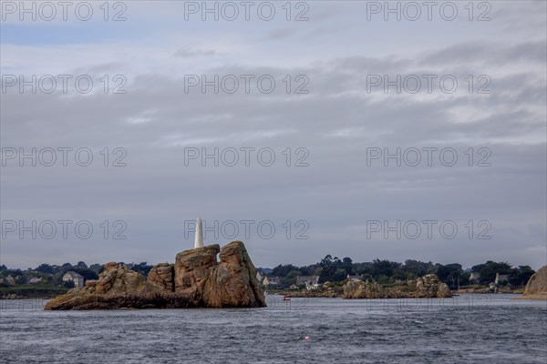 Rock with landmark off the coast of Ile de Brehat, Cotes d'Armor department, Brittany, France,