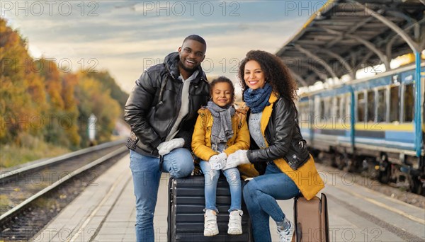 AI generated, A young family wants to travel and waits in the station for the train, 30, 35, years,