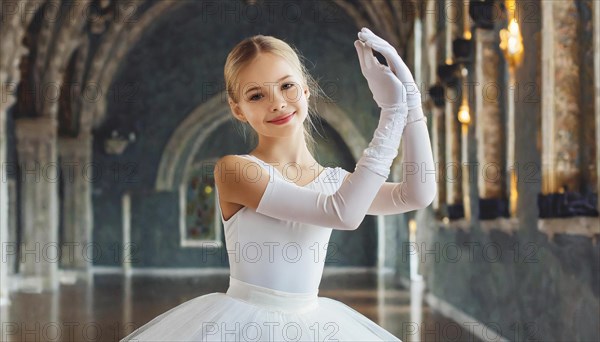 AI generated, girl, 10, 12, years, blond, blonde, dances, dancing, ballet, study, exercise,