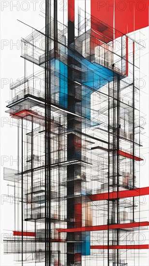 Sectional architectural drawing with a modern abstract design in red and blue, vertical aspect