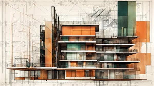 A sketch of a modern building concept with black, copper green and orange color accents, horizontal