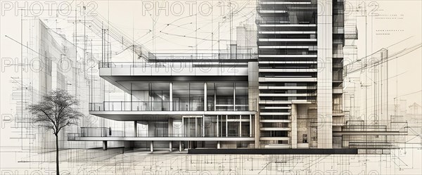 Illustration of a modern residential building in a clean monochrome style, horizontal aspect ratio,