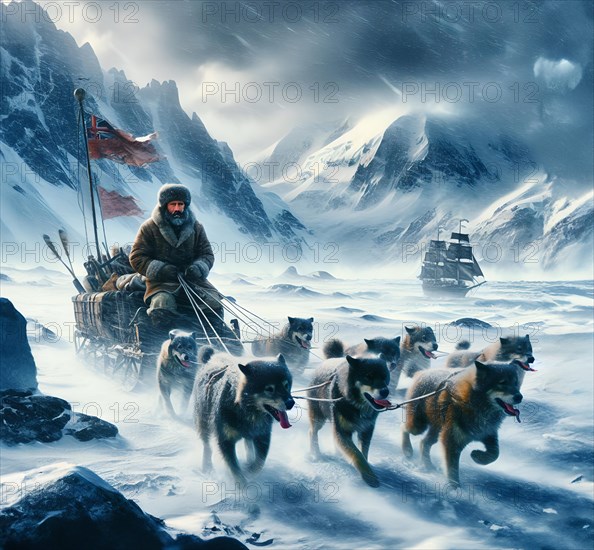 A polar explorer drives in a dog sled through a snowy landscape in the Antarctic in snow, cold and