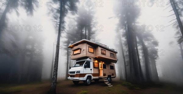 Camper van wooden motorhome, creative high-tech motorhome two-level in nature. Outdoor recreation,